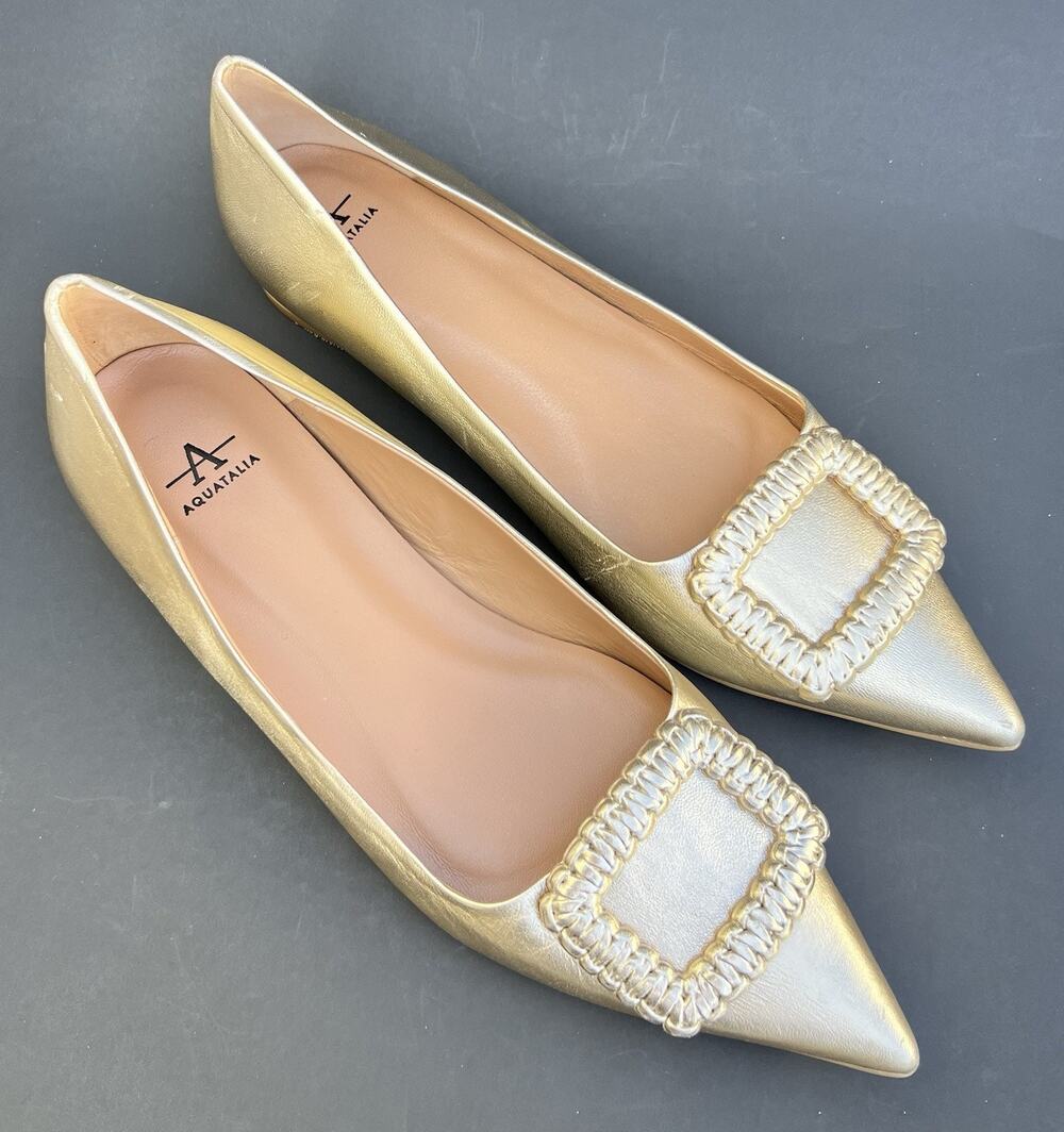 AQUATALIA Jena Pointed Metallic Gold Leather Ballerina Flats Women's Size 10.5